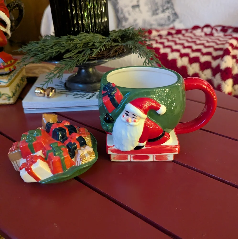 West Elm figural covered mug Santa with a sack